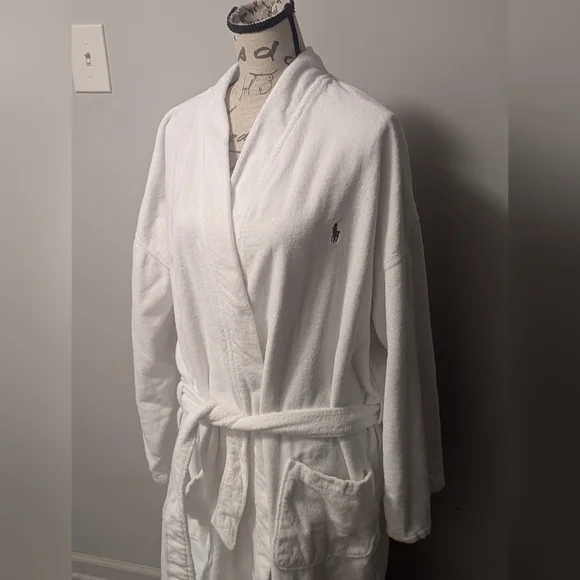 Mens Polo Ralph Lauren Bath Robe Size L/XL White Terry Cloth Pony Horse - Picture 4 of 14